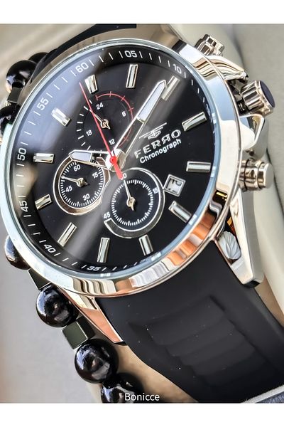 FERRO Men's Watch, Silicone Cord, Active Functions, Black Color, Calendar Bracelet Gift