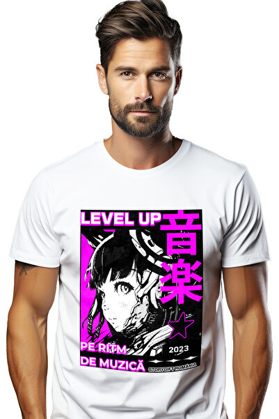 StoryGift Romania Tricou Barbati Level Up Pe Ritm De Muzica Fata Stil Anime J...