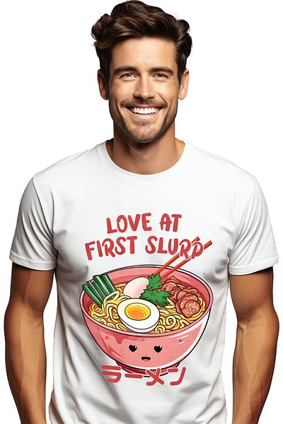 StoryGift Romania Tricou Barbati Cu Mesajul "love At First Slurp", Ilustratie, Mancare, Supa, Japonia, Lingu Stg