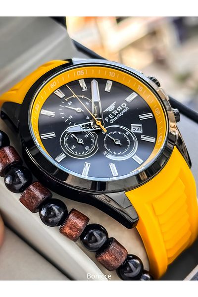 FERRO Men's Watch, Silicone Cord, Active Functions, Yellow Color, Calendar Bracelet Gift