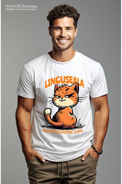StoryGift Romania Men's T-Shirt Orange Cat Text Flattery With Front Print, 100% Cotton, White, M Stg