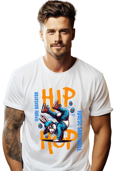 StoryGift Romania Tricou Barbati Iepure Facand Breakdance Paste Haios Cu Imprimeu Pe Fata, 100% Bumbac, Alstg