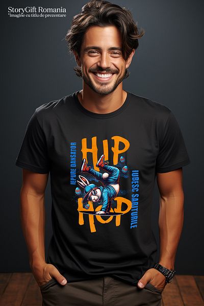 StoryGift Romania Tricou Barbati Iepure Facand Breakdance Paste Haios Cu Imprimeu Pe Fata, 100% Bumbac, Negstg