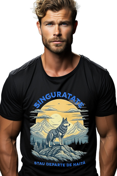 StoryGift Romania Tricou Barbati Lup Pe Munte Mesaj Singuratate Departe De Ha...