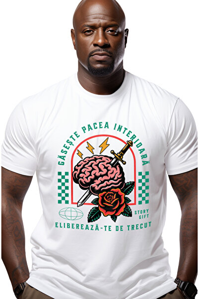 StoryGift Romania Tricou Barbati Gaseste Pacea Interioara - Creier, Sabie, Fl...