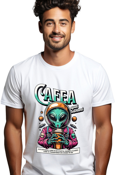 StoryGift Romania Tricou Barbati Extraterestru Cu Pahar De Cafea Text Cafea A...