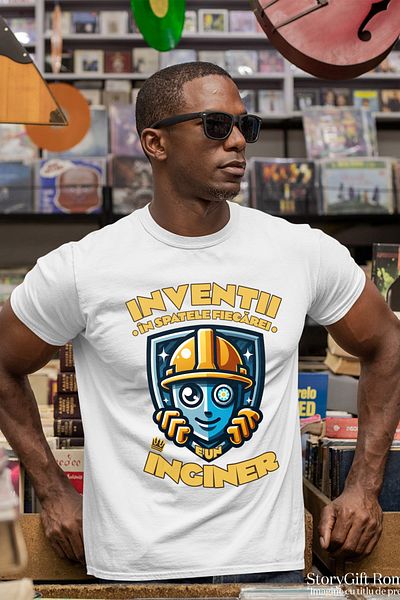 StoryGift Romania Tricou Barbati Om Cu Casca De Protectie Text In Spatele Fiecarei Inventii, E Un Inginer Custg