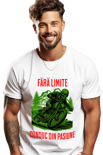 StoryGift Romania Tricou Barbati Fara Limite Conduc Din Pasiune Schelete Pe Motor Cu Imprimeu Pe Fata, 100% Stg
