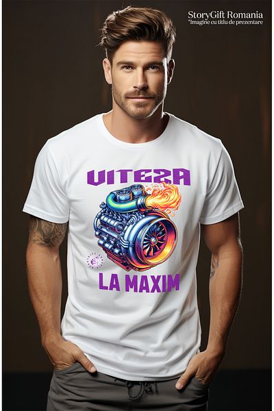StoryGift Romania Tricou Barbati La Viteza La Maxima Putere Turbina Motor Masina Cu Imprimeu Pe Fata, 100% Bstg
