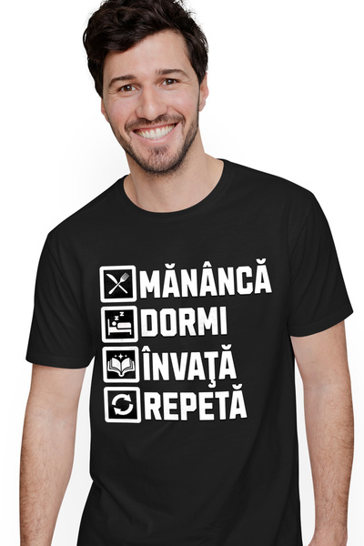 StoryGift Romania Tricou Barbati Mananca Dormi Invata Repeta Studiat Scoala C...