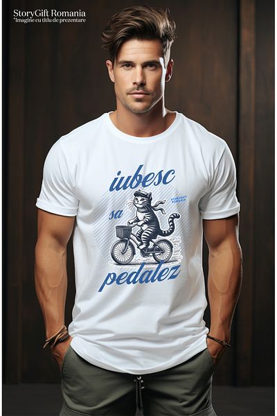 StoryGift Romania Tricou Barbati Iubesc Sa Pedalez Pisica Motan Pe Bicicleta Cu Imprimeu Pe Fata, 100% Bumbastg