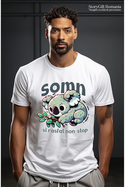 StoryGift Romania Tricou Barbati Koala Somn Si Rasfat Non Stop, Relaxare, Urs Koala Cu Imprimeu Pe Fata, 100stg
