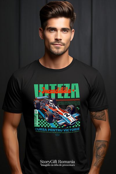 StoryGift Romania Tricou Barbati Masina Formul1 - Viteza Incredibila - Cursa Pentru Victorie Cu Imprimeu Pe Stg