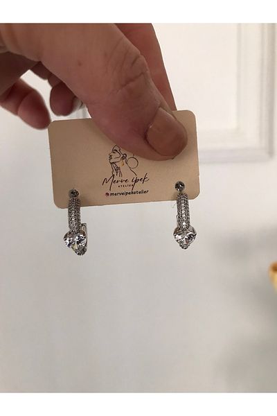 shop Stainless Steel Brand Silver Stone Mini Heart Detail Stainless Shiny Earrings