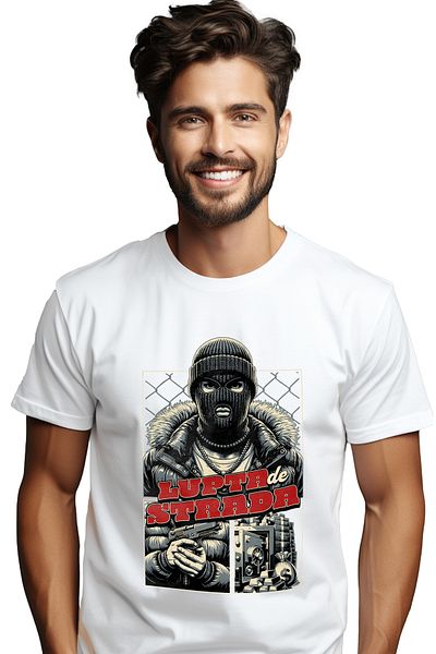 StoryGift Romania Tricou Barbati Lupta De Strada - Barbat Mascat, Aur, Bani, Arme Cu Imprimeu Pe Fata, 100% Stg