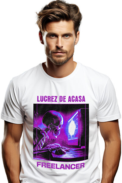 StoryGift Romania Tricou Barbati Schelete Cu Computer Lucrez De Acasa Freelancer Cu Imprimeu Pe Fata, 100% B Stg