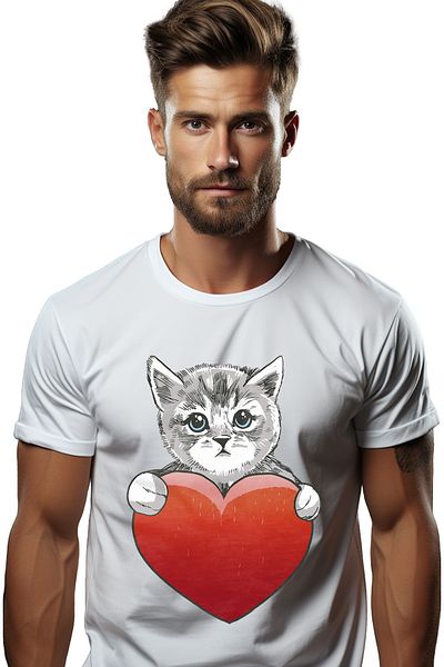 StoryGift Romania Tricou Barbati Cu Pisica Cu Ochii Albastri Tinand O Inima Mare In Mana, Dragoste, Valentin Stg