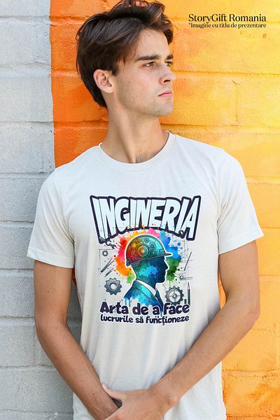 StoryGift Romania Tricou Barbati Silueta Barbat Cu Casca Protectie Text Ingineria Cu Imprimeu Pe Fata, 100% Stg
