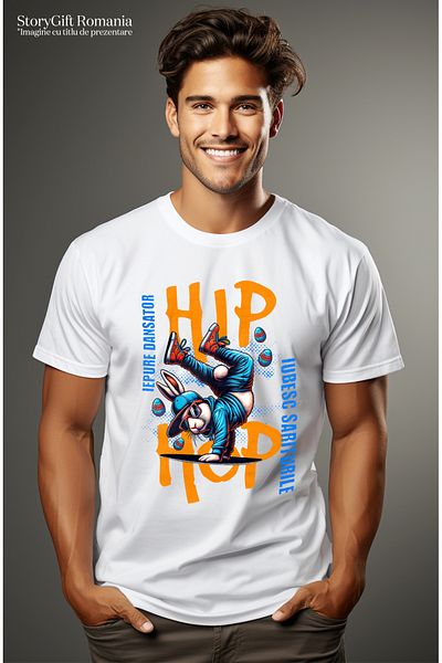 StoryGift Romania Tricou Barbati Iepure Facand Breakdance Paste Haios Cu Imprimeu Pe Fata, 100% Bumbac, Alstg