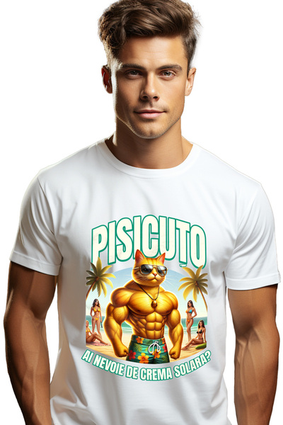 StoryGift Romania Tricou Barbati Motan Cu Ochelarii De Soare Pe Plaja Text Ha...