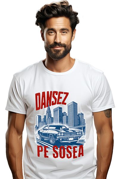StoryGift Romania Tricou Barbati Dansez Pe Sosea Masina Vintige In Oras Viteza Cu Imprimeu Pe Fata, 100% Bumstg