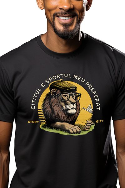 StoryGift Romania Tricou Barbati Leu Citind, Cititul Este Sportul Meu Preferat, Lectura Regele Junglei Cu Imstg