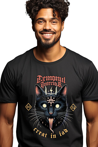 StoryGift Romania Tricou Barbati Pisica Cu Coarne De Drac - Demonul Interior Cu Imprimeu Pe Fata, 100% Bumba Stg