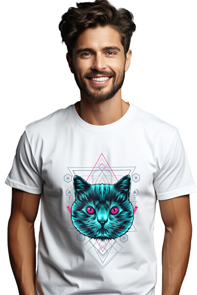 StoryGift Romania Tricou Barbati Cu Pisica, Geometrie, Arta Abstracta, Cu Imp...