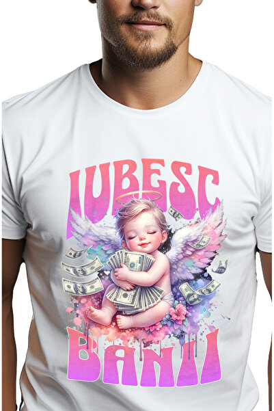 StoryGift Romania Tricou Barbati Inger Roz Cu Aripi In Cer Text Iubesc Banii ...