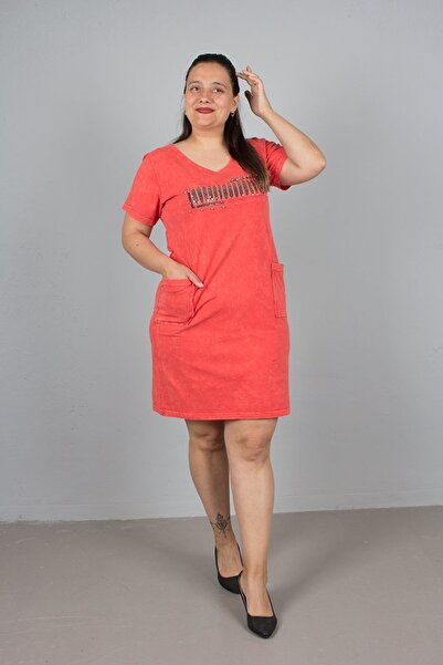 Truva XXL Φόρεμα μεγάλου μεγέθους από βαμβακερό ύφασμα που πλένεται με λεπτομέρεια με σκισίματα στο μπροστινό μέρος