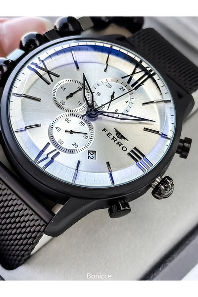FERRO Men's Watch, Active Functions, Matte Black Color, Calendar, Bracelet Gift in Gift Box