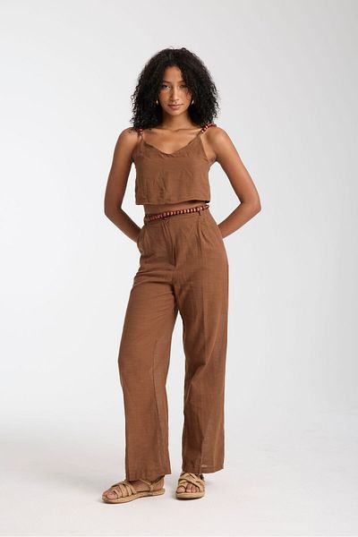İLKCET MODA Дамски комплект от ленен топ с мъниста и детайли