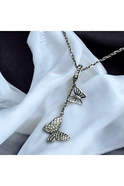 NOVADA 925 Ayar Gümüş Zincir Zirkon Taşlı Gümüş Kelebek Detaylı Kolye