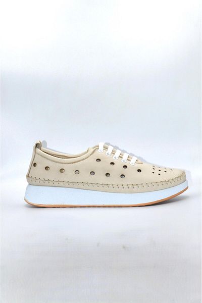 Biocomfort Women's Genuine Leather Beige Perforated Daily Casual Shoes - Zk-00