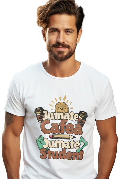 StoryGift Romania Tricou Barbati Jumate Cafea, Jumate Student Facultate Scoal...