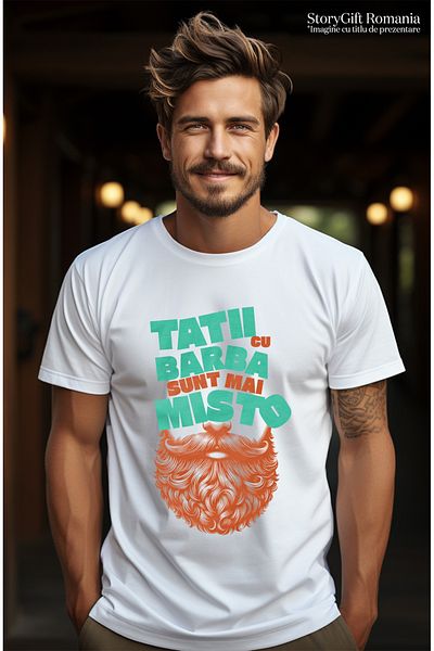StoryGift Romania Tricou Barbati Tata Cu Barba Este Cel Mai Misto Familie Copii Cu Imprimeu Pe Fata, 100% Bu Stg
