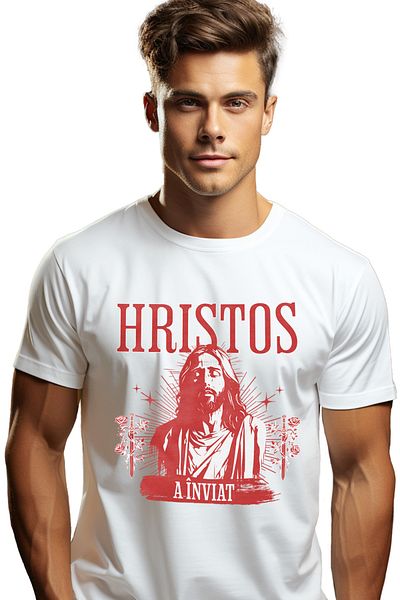 StoryGift Romania Tricou Barbati Hriatos A Inviat Paste Sarbatori Pascale Oua Iepure Cu Imprimeu Pe Fata, 10stg