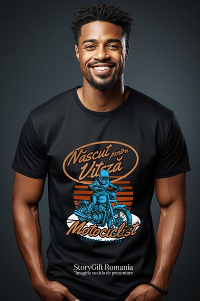 StoryGift Romania Tricou Barbati Motociclist Nascut Pentru Viteza Motor Cu Imprimeu Pe Fata, 100% Bumbac, Nestg