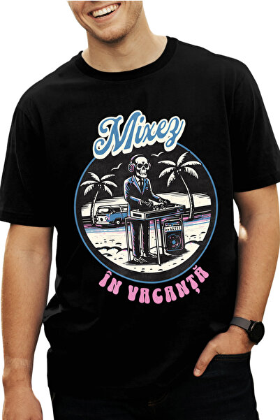 StoryGift Romania Tricou Barbati Dj În Vacanta Mixez Schelete Pe Plaja Costum Cu Imprimeu Pe Fata, 100% Bumbstg
