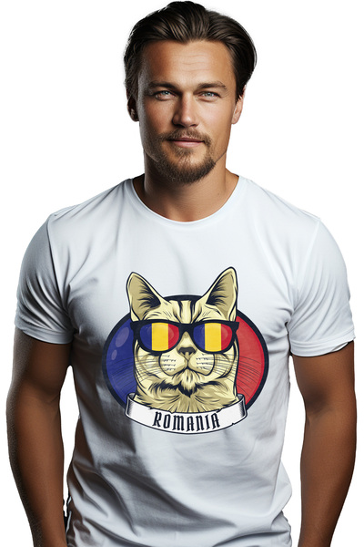 StoryGift Romania Ανδρικό μπλουζάκι με γάτα και την ενδείξεια  "Ρουμανία ", γ...