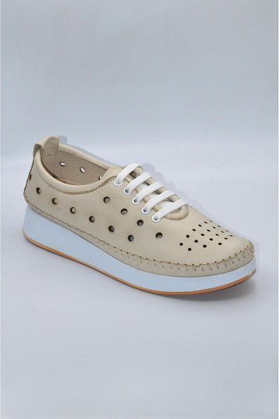 Biocomfort Women's Genuine Leather Beige Perforated Daily Casual Shoes - Zk-00
