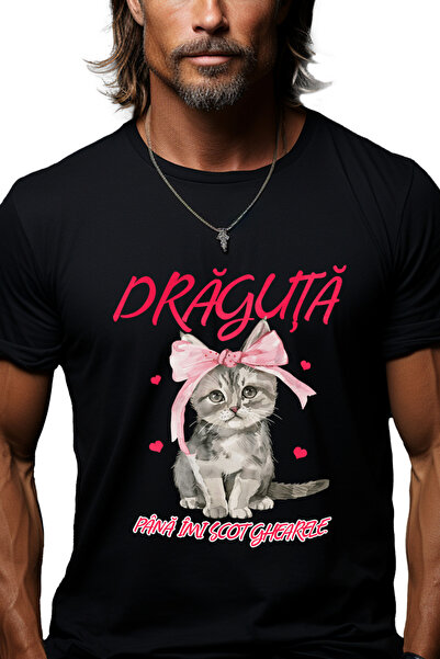 StoryGift Romania Ανδρικό T-shirt με σχέδιο γάτας με φιόγκο, χαριτωμένο κείμε...