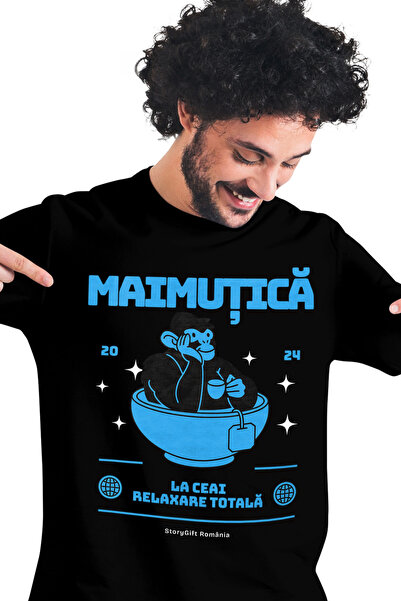 StoryGift Romania Tricou Barbati Maimutica De Ceai Relaxare Totala Cu Imprime...