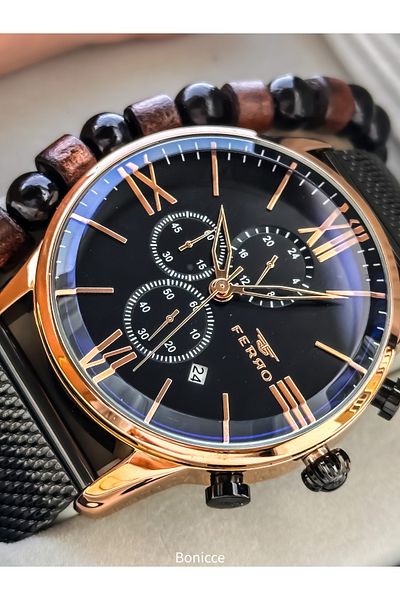 FERRO Men's Watch, Active Functions, Black Color, Calendar, Bracelet Gift in Gift Box