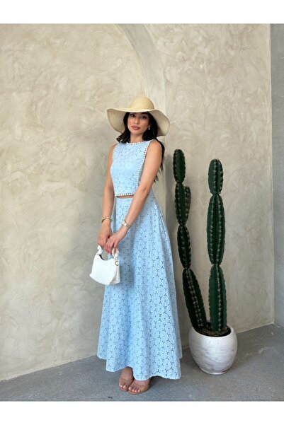 Viskosa Brode Double Set – Crop Top and High Waist Maxi Skirt Summer Combination"