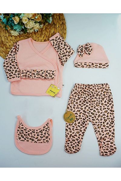 bebekpare Leopard Patterned Hospital Discharge Set Baby Girl 100% Cotton