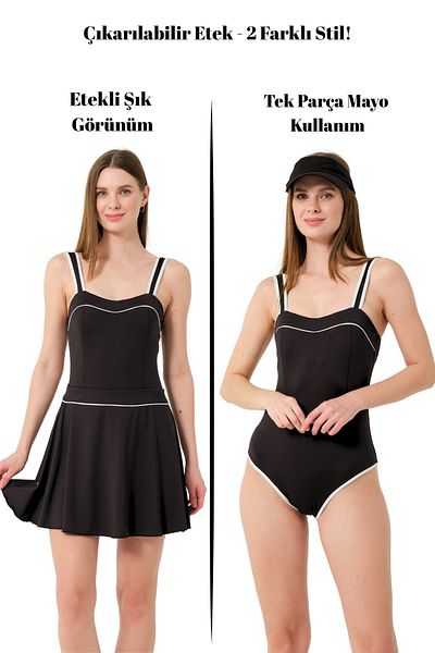 İYİBU Women's Black 2-in-1 Swimsuit with Removable Skirt – Elegance and Comfort in One Piece!