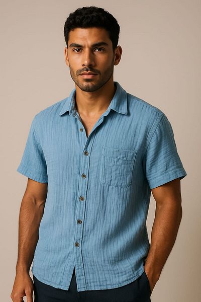 enmodaiçgiyim Ανδρικό κοντομάνικο πουκάμισο BEBE BLUE 100% βαμβακερό ύφασμα μουσελίνας