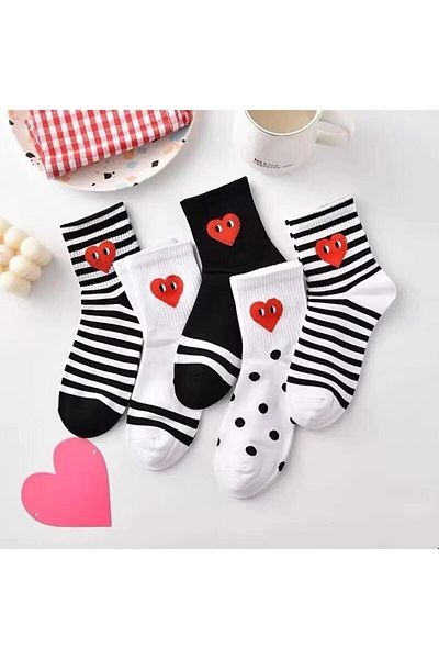SOCKSHION Комплект дамски получорапи с шарени сърца в черно и бяло, 5 чифта