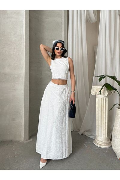 Viskosa Brode Double Set – Crop Top and High Waist Maxi Skirt Summer Combination"